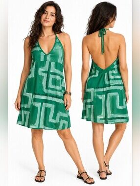 Desigual Green Abstract Graphic Halter Dress Open Back Cotton Small